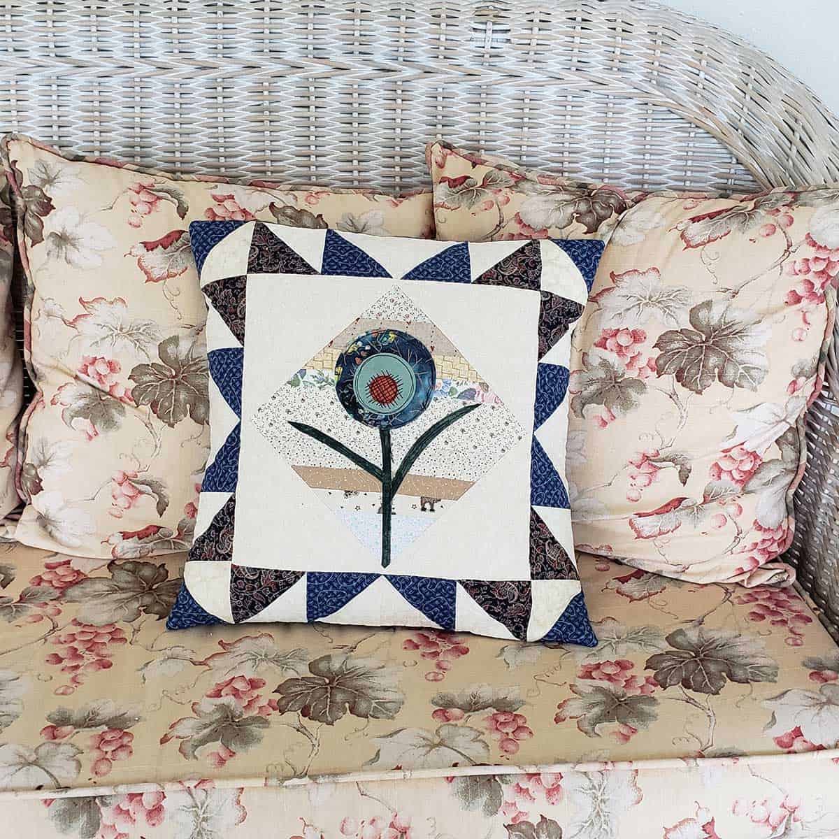 18 inch Applique Flower Pillow on couch