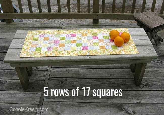 Orange Kissed Tablerunners tutorial fabric piecing the table runners 5 rows of 17 squares