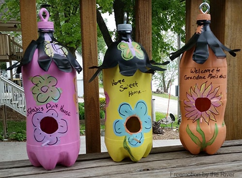 DIY soda bottle birdhouses tutorial write cute sayings on them