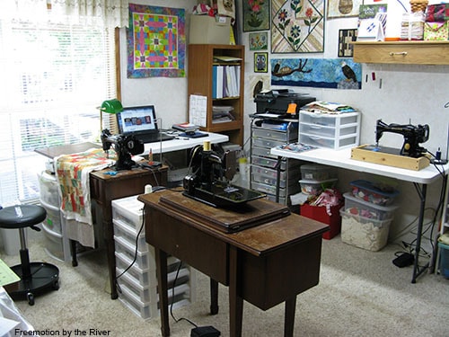 Quilt studio getting cleaned and vintage sewing machines