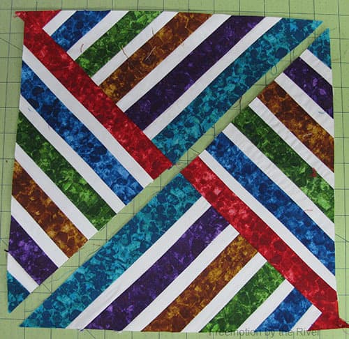 Bright Jewel Table Runner Tutorial fabrics sewed together cut diagonally and sewed