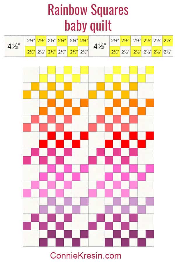 Rainbow Batik Squares baby quilt cutting and piecing diagram