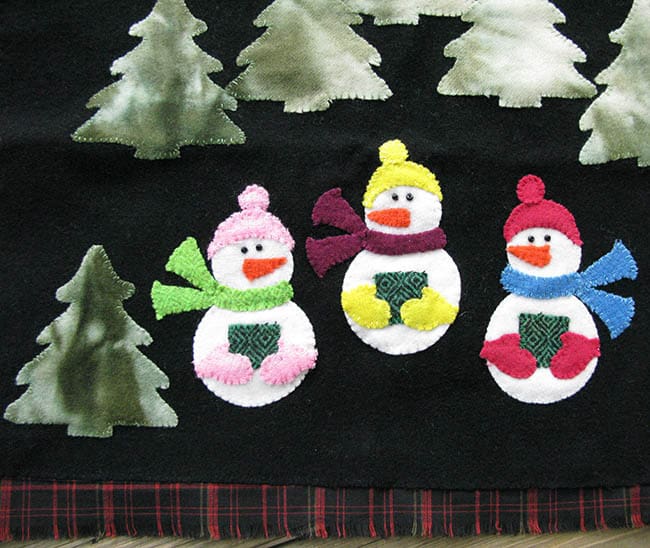 Caroling Snowmen wool on plaid fabric project