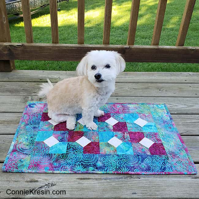 Bowtie quilt table topper with Sadie on it