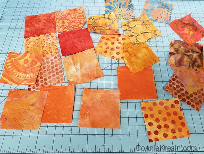Batik Pumpkin Block tutorial scraps of orange batik quilt fabrics