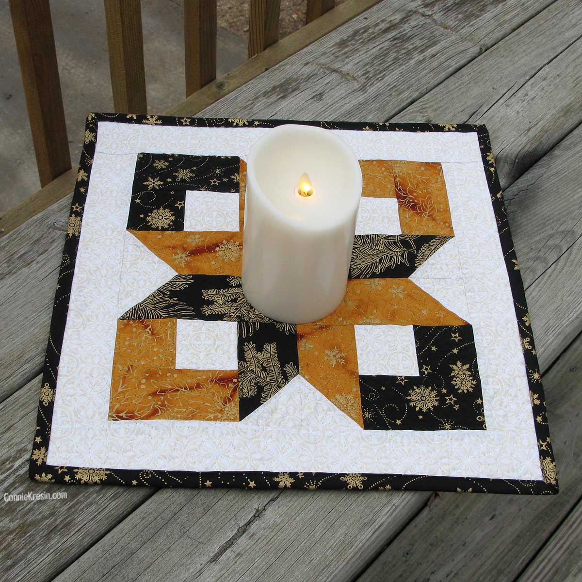 Box Quilt block Silent Night table topper or center piece on deck