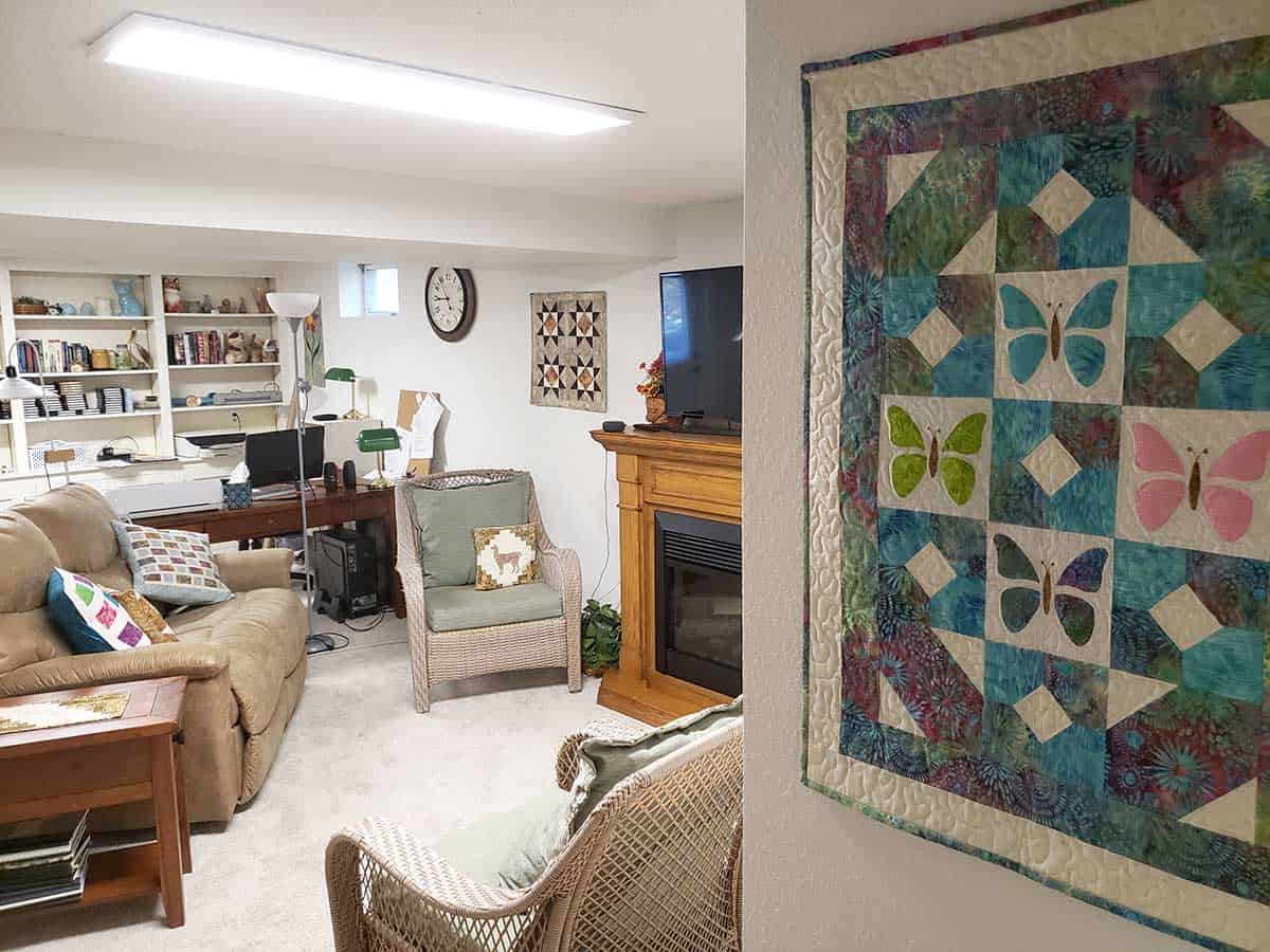 Butterfly Cage quilt hanging on wall in basement