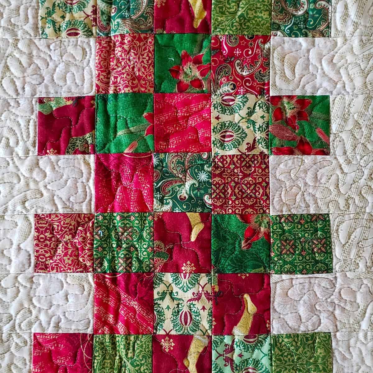 Closeup of the Christmas Charm Mix table runner and quilting