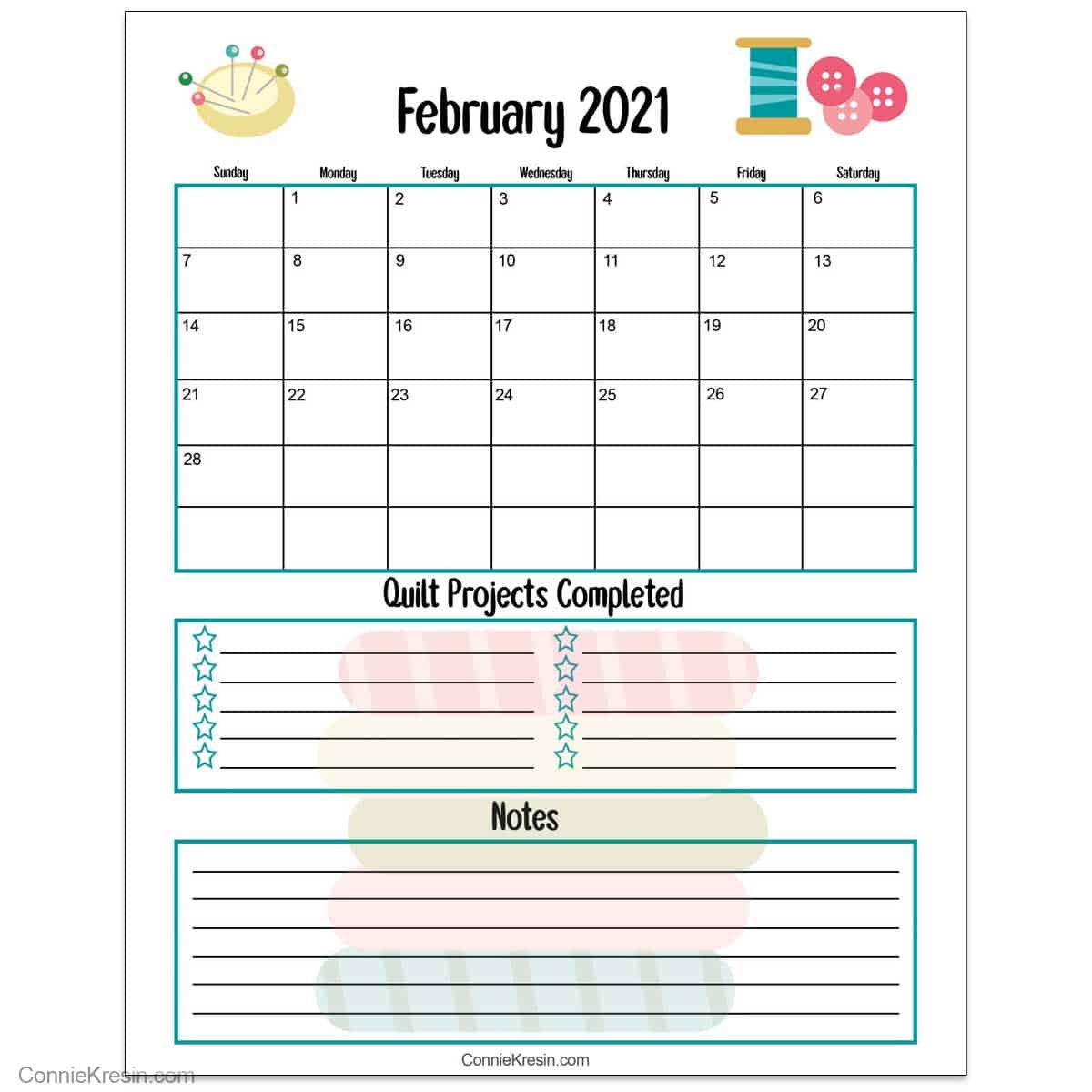 February 2021 Quilt Calendar