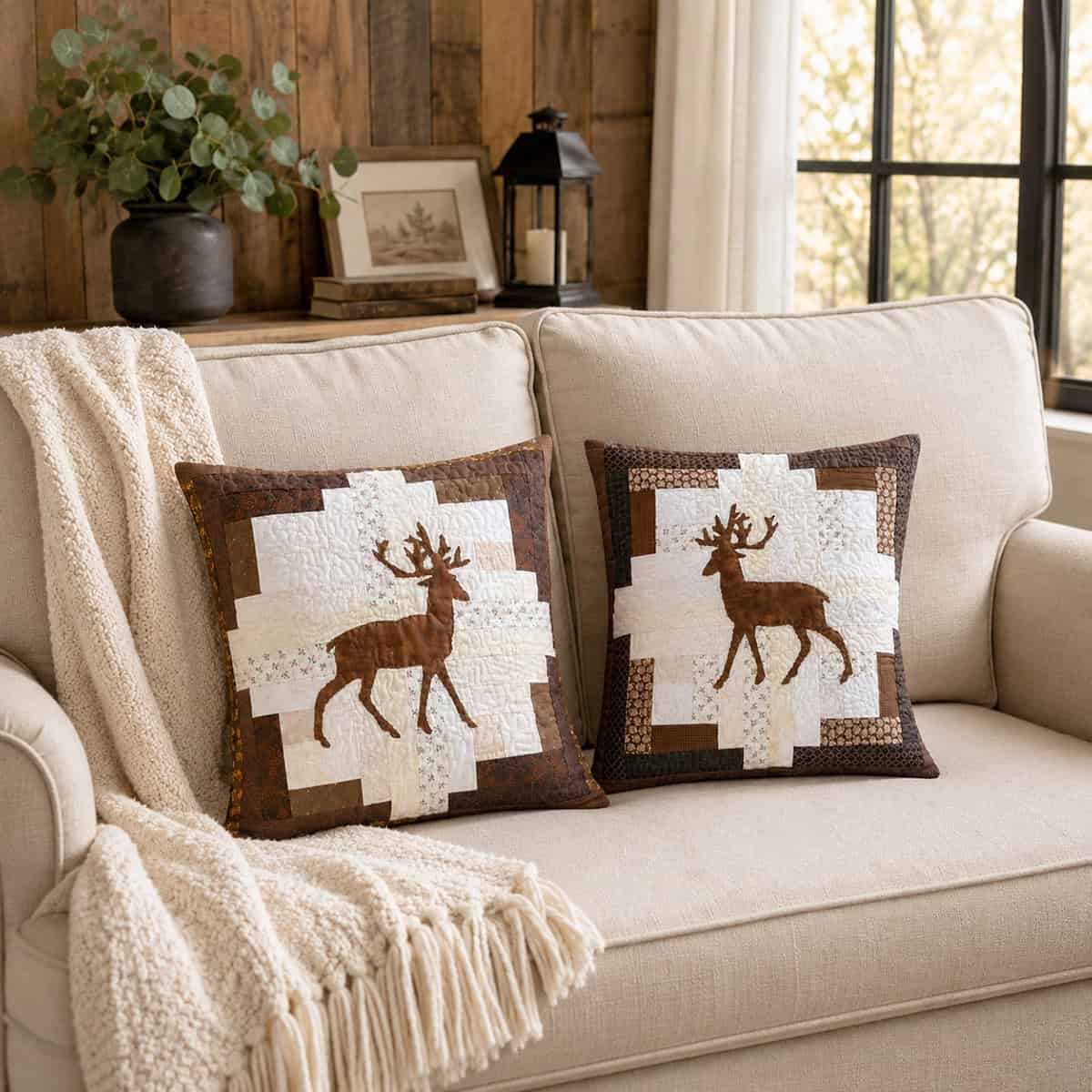 Quilted Log Cabin Deer applique pillow