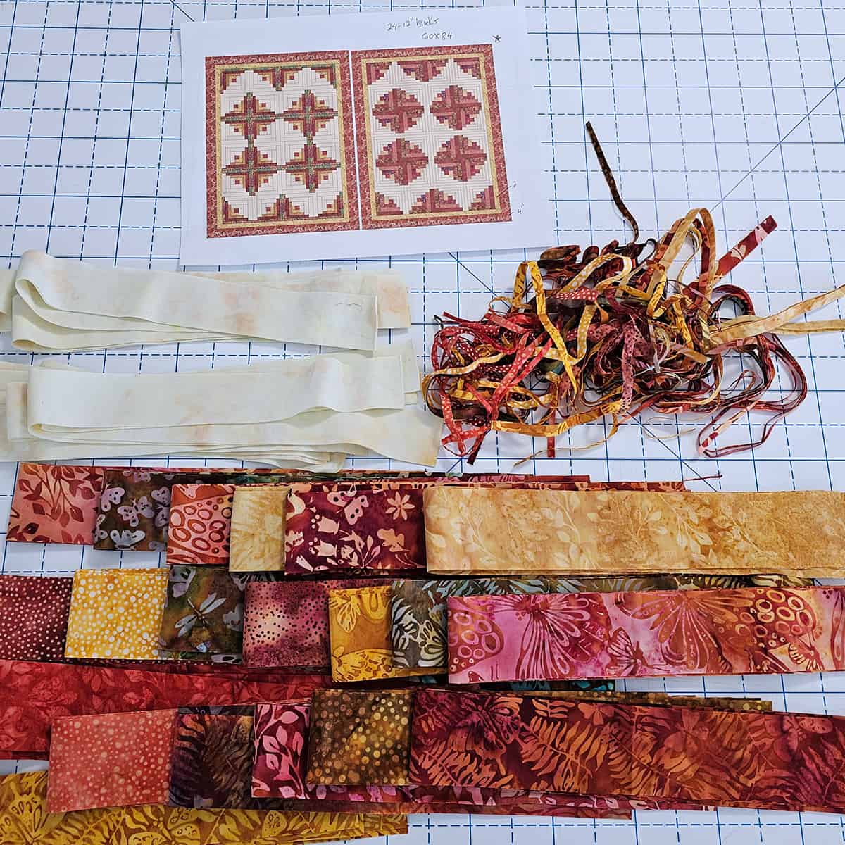 Cutting the Monarch batiks into strips for my quilt pattern