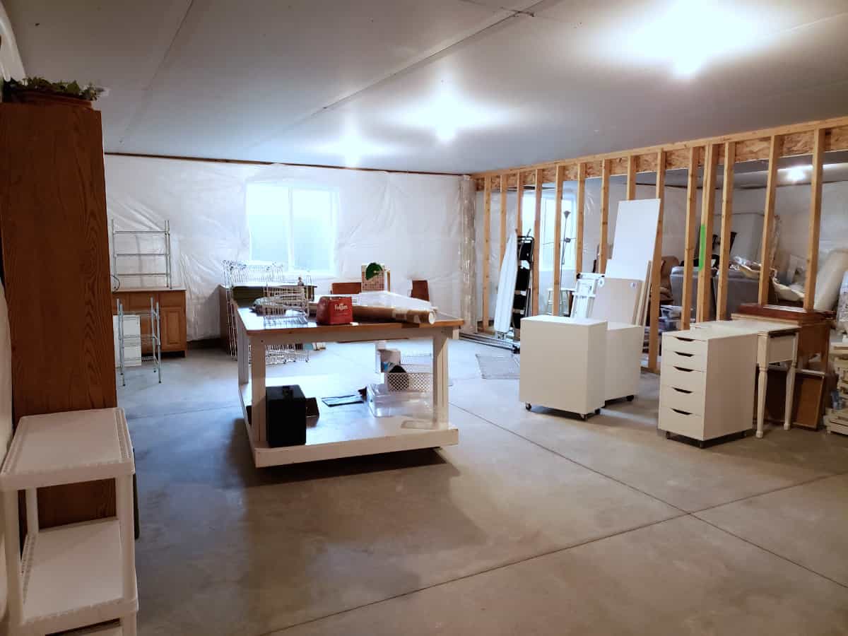 quilt studio in basement