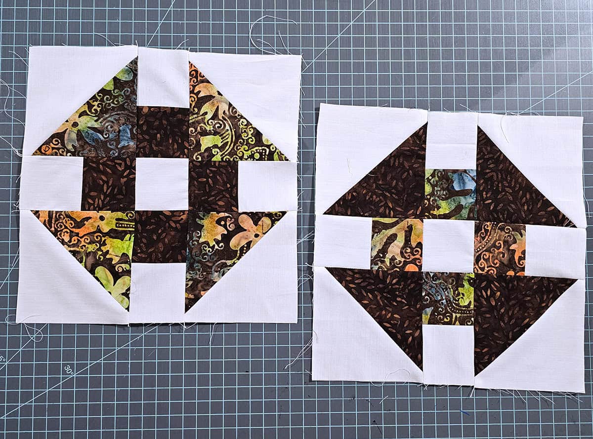 Brown batik churn dash quilt blocks