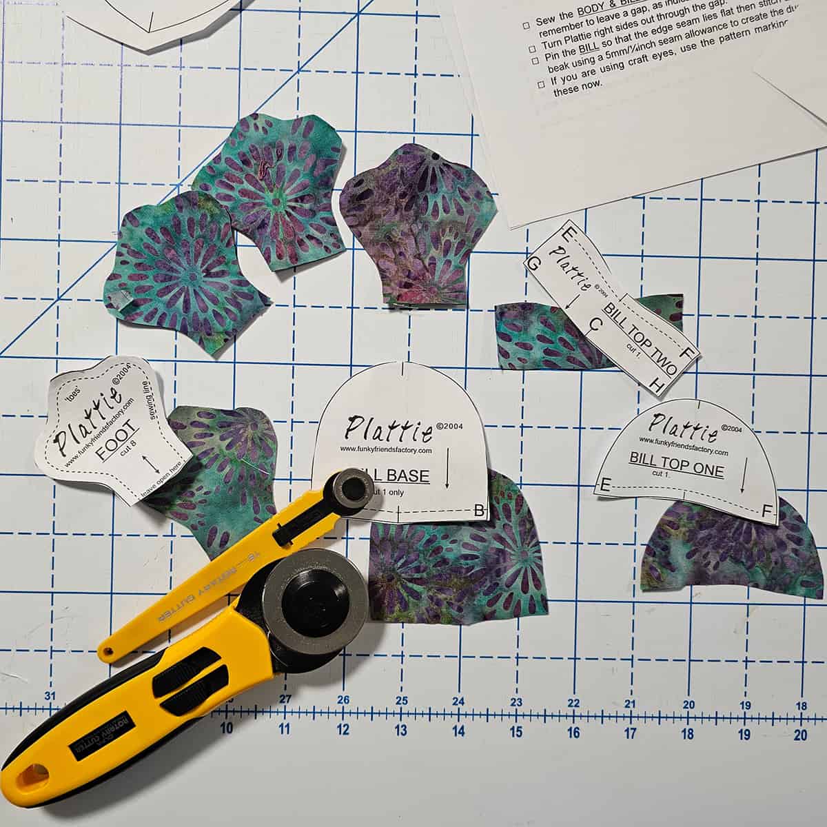 Cutting out the pieces of Plattie Platypus