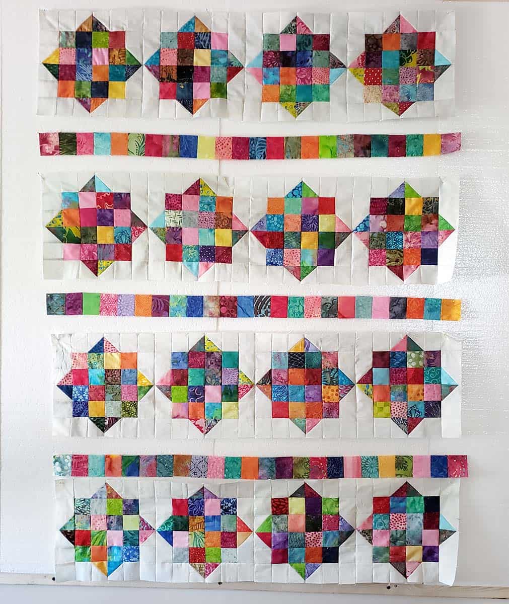 Piecing the rows of the River Scraps quilt pattern