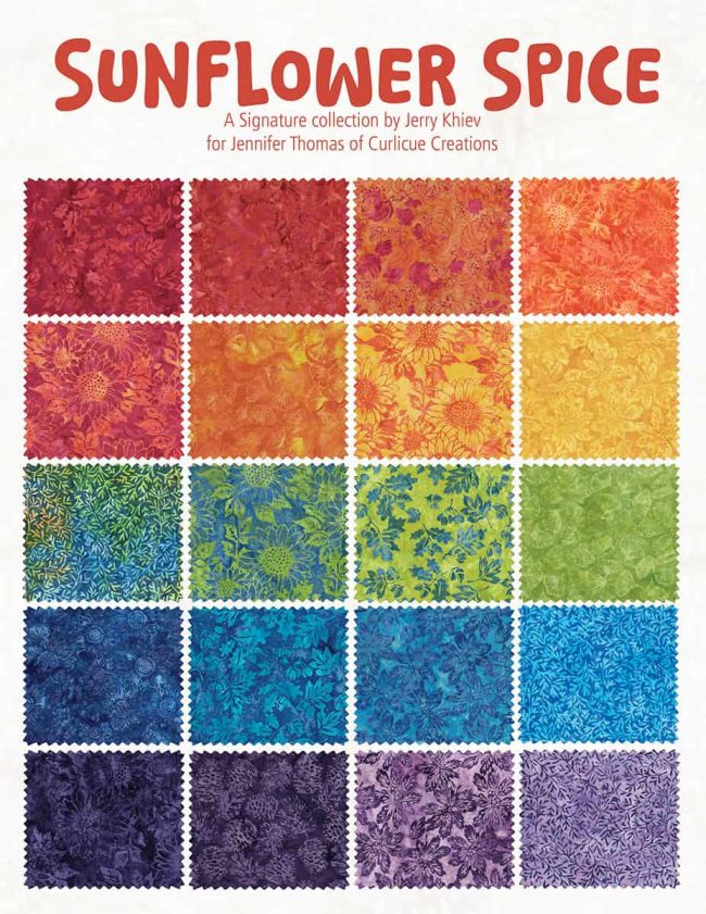 Sunflower Spice fabrics, a signature collection designed by Jerry Khieve for Jennifer Thomas of Curlicue Creations