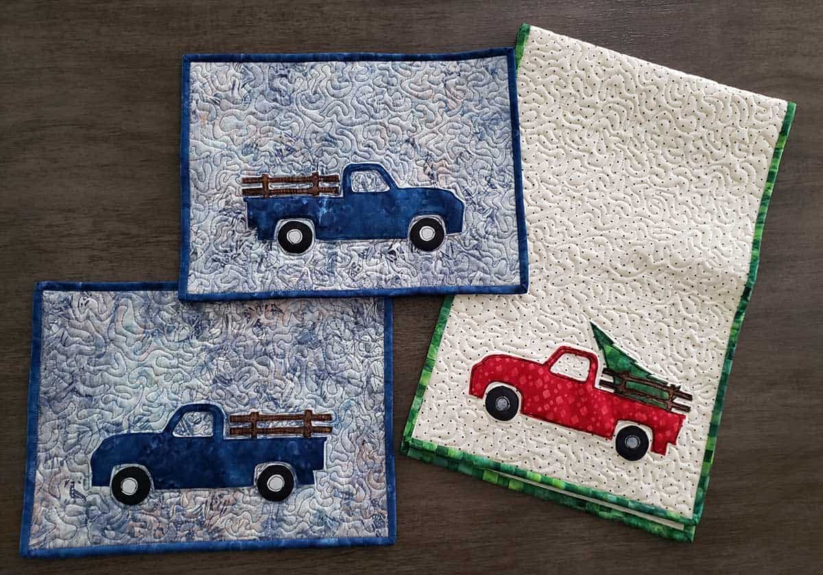 Blue truck placemats and Christmas truck tablerunner