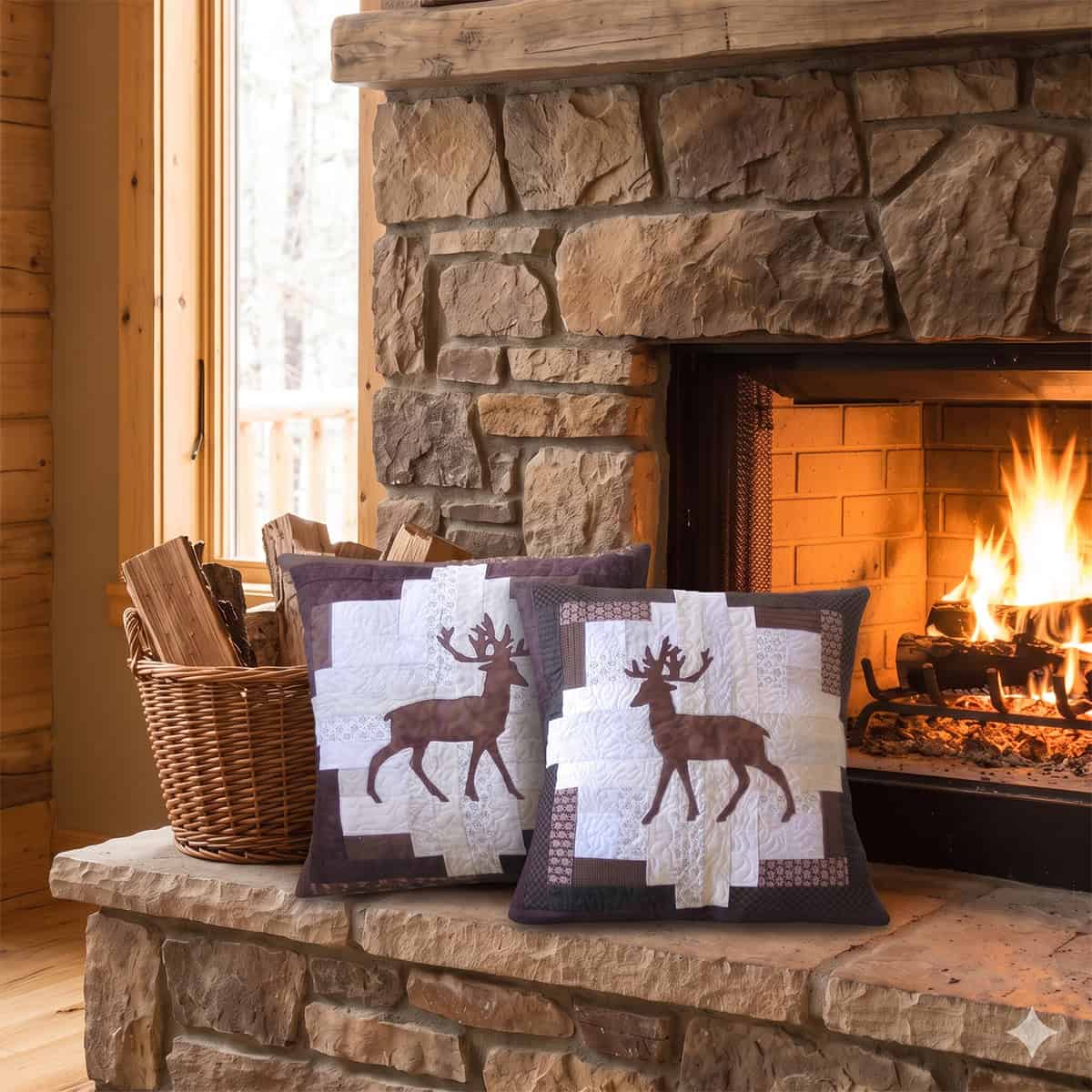 Applique deer pillows by the fireplace