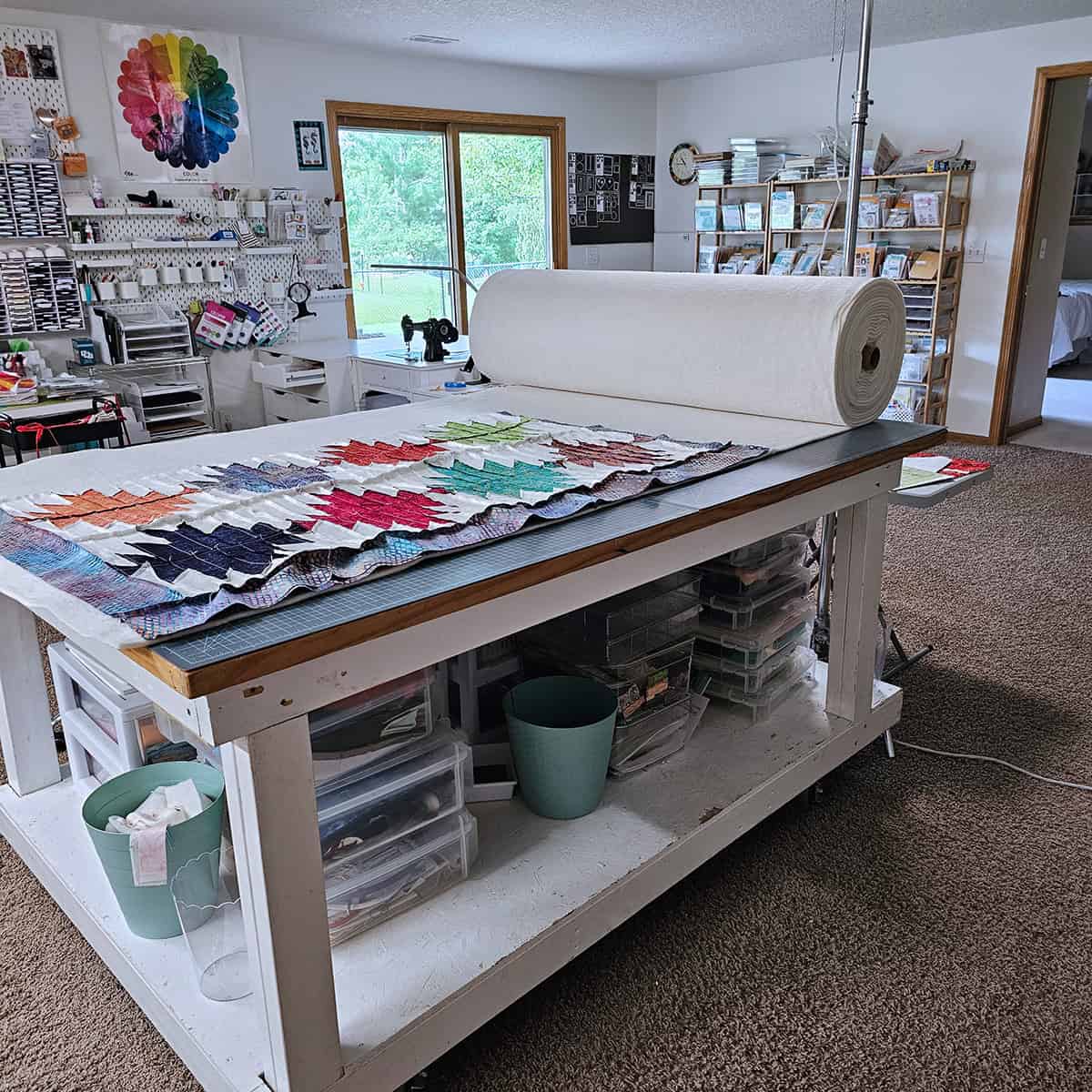 quilt studio and cutting the batting