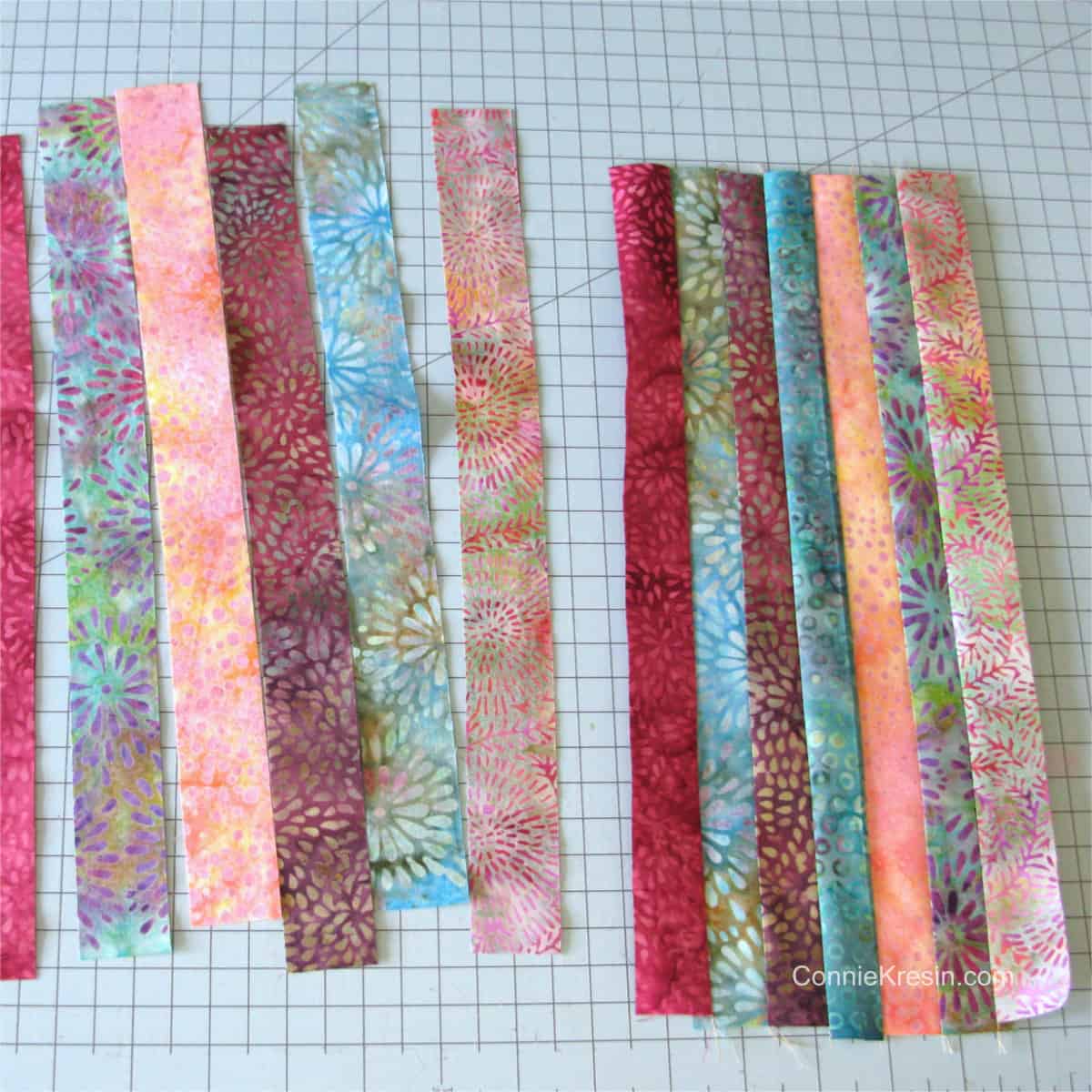 Strips of batik fabrics sewn together for applique