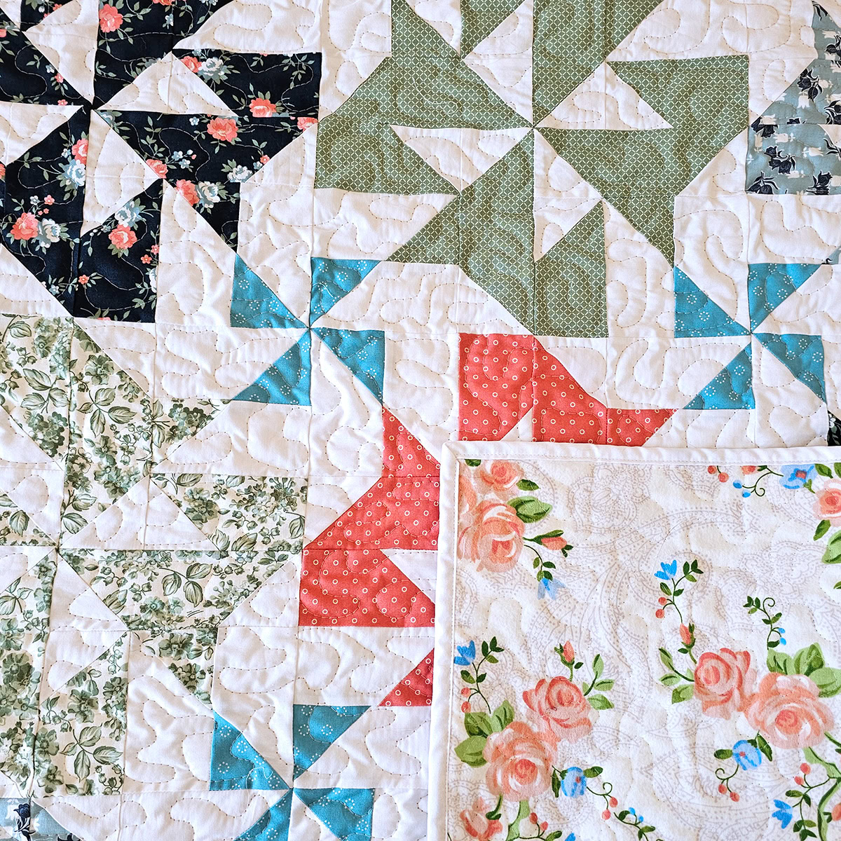 Closeup of quilting and backing