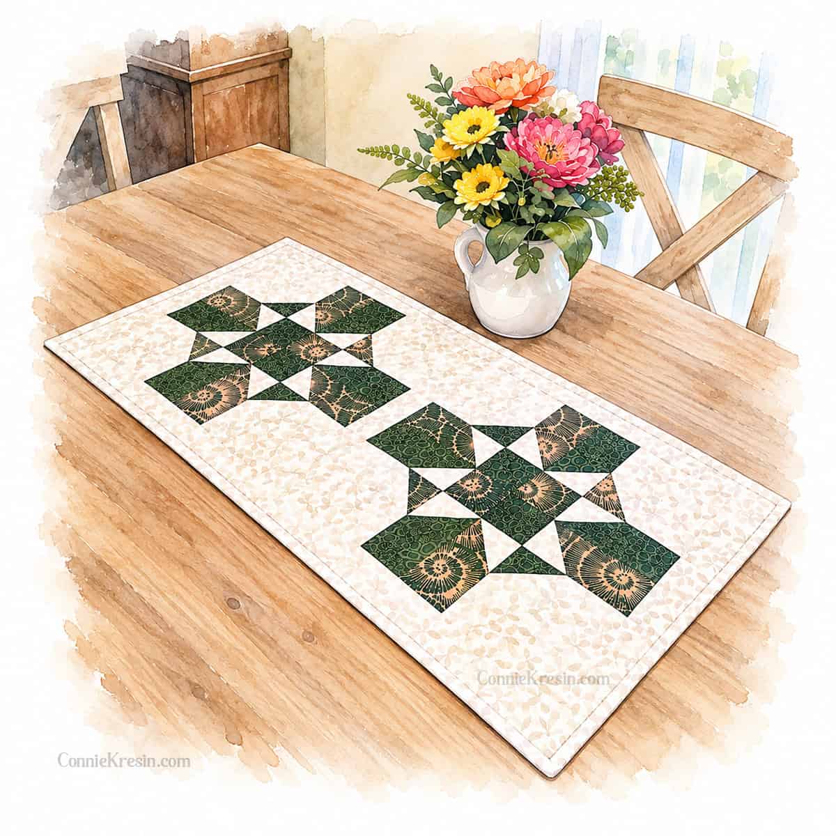 Watercolor of my green table runner
